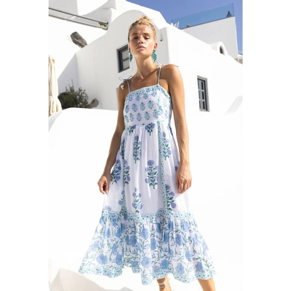 NWT Oliphant Tie Strap Midi in Bloom Blue Blockprint Cotton Tank Dress M - Picture 7 of 8